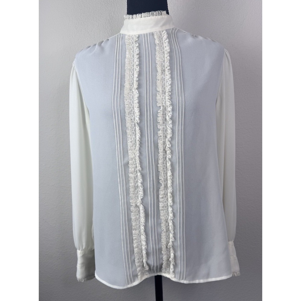 Lloyd Williams Blouse Sz 6‎ Ivory Lace High Neck Long Sleeve Sheer Romantic Vtg